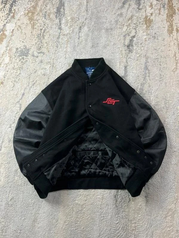 Vintage Mens Embroidered Black Red Varsity Laether Sleeves Bomber wool Jacket Si